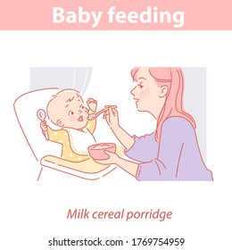 Mother feeding baby with porridge. Cute little baby site in chair, hold spoon. Mother and child. Healthy meal for children. Kids food. Milk cereal porridge or fruit puree. Color vector illustration.