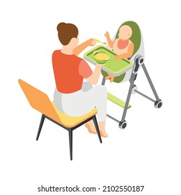 Mother feeding baby with puree on high chair isometric icon 3d vector illustration