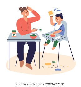 Mother feeding child, hand drawn composition with parent and toddler, kid in high chair, doodle icon of baby food, playing with food, vector illustration of making mess, colored clipart