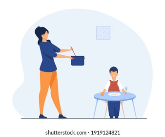 Mother feeding child at home. Kid waiting for dinner at table with dish. Flat vector illustration. Family, eating at home, homemade meal concept for banner, website design or landing web page