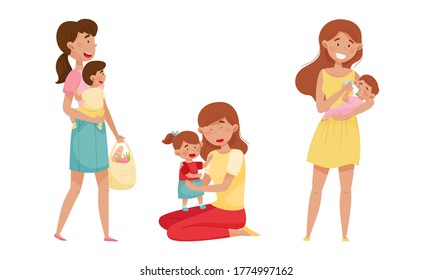 Juego de ilustraciones de vectores de alimentación para madres e hijos y reproducción