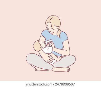 Mother feeding her baby with bottle. Hand drawn style vector design illustrations.