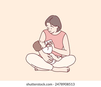 Mother feeding her baby with bottle. Hand drawn style vector design illustrations.