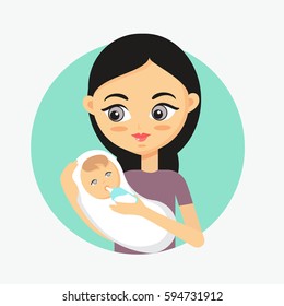 Mother feeding her baby with bottle. How to take care of the child illustration