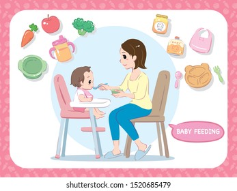 Mother feeding her baby. Characters and related items. Vector illustration.