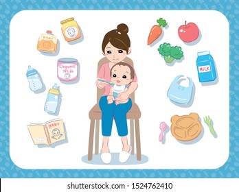 Mother feeding her baby. Characters and related items. Vector illustration.