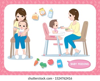 Mother feeding her baby. Characters and related items. Vector illustration.