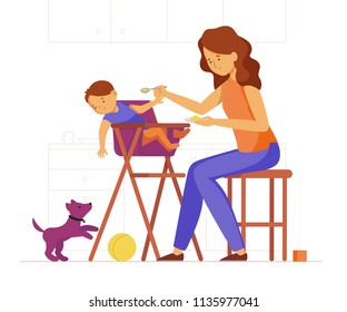 Mother Feeding Her Baby Child Sitting On Kids Eating Chair On The Kitchen. Holding Hands With Spoon Going To Mouth. Child Does Not Want To Eat, Has No Appetite