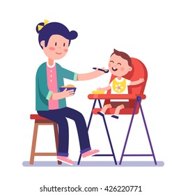 Mother feeding her baby child sitting on kids eating chair. Holding hands with spoon going to mouth. Modern flat style vector illustration cartoon clipart.