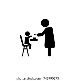 Mother Feeding Her Baby Child Sitting On Kids Eating Chair. Holding Hands With Spoon Going To Mouth Icon. Simple Black Family Icon. Can Be Used As Web Element, Family Design Icon On White Background