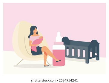 A mother feeding her baby in a cozy room, featuring a chair, cradle, and bottle, encompassing the warmth and care of motherhood. Flat vector modern illustration 