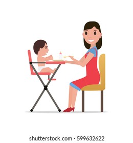 Mother feeding her baby. Vector illustration cartoon character mom feeds a kid sitting on a children's chair.  Flat design. 