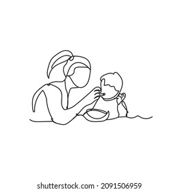 mother is feeding her child with a spoon illustration icon vector continuous line single drawn one line