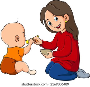 The mother is feeding her child while sitting of illustration