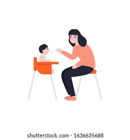 Mother feeding her little baby use spoon sitting on kids chair. Flat vector cartoon illustration. 