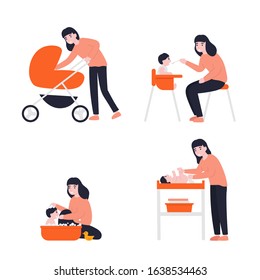 Mother feeding her little baby,  walking with a newborn that is in the pram,  bathes play, change diaper on changing table. Set young mom taking care of little kid. Flat vector cartoon illustration.