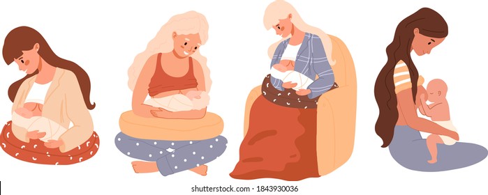 Mother feeding her newborn baby. Breastfeeding positions set, with pillow, in chair, lotus pose. Woman feeds infant with breast. Breastfeeding week banner, happy mother's day clip art.