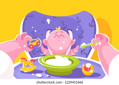 Mother feeding little baby flat poster vector illustration. Female hands holding spoon and toy car. Child sitting on chair for kids with plate of meals and different playthings. Concept of motherhood