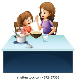 Mother Feeding Little Kid On The Table Illustration