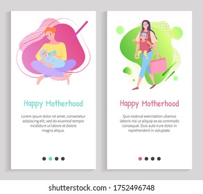 Mother feeding newborn, parent walking with child sitting in bag, portrait view of woman character with baby, mom caring, happy motherhood vector. Website or slider app, landing page flat style