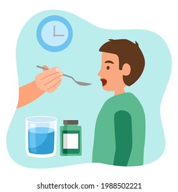 Mother Is Feeding Syrup Medicine To Her Child In Flat Design. Sick Boy Take Medicine Syrup For Disease Treatment.