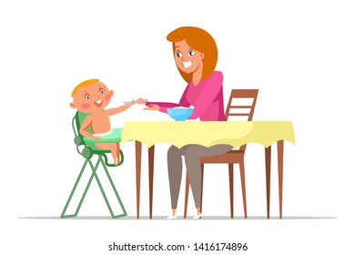 Mother feeding toddler flat vector illustration. Young mom giving spoon to baby sitting in highchair. Cute girl, babysitter offering fresh food, porridge to kid cartoon characters. Motherhood routine