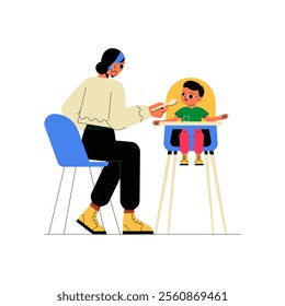 Mother Feeding Toddler In High Chair In Flat Vector Illustration Symbolizing Parenting, Childcare, And Nourishment, Isolated On White Background