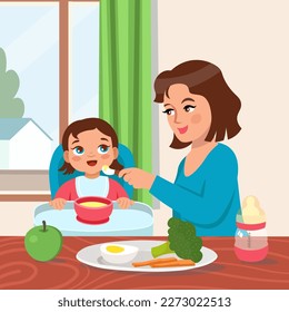 Mother feeds the child. Child learning to eat with a spoon. Feeding baby porridge sitting on a chair. Сartoon style illustration.

