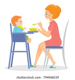 Mother feeds the child with a spoon.Cartoo style.Vector illustration.