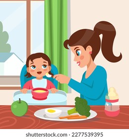 La madre alimenta a su bebé con una cuchara. Niños aprendiendo a comer con una cuchara. Alimentando gachas de bebé sentadas en una silla. Comer sano, cuidado del bebé. С ilustración de estilo de artoon.

