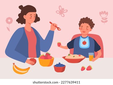 La madre alimenta a su hijo. La mujer le da comida en cuchara al niño. Confort y comodidad, cuidado de los niños. Desayuno, avena con fresas y zumo. Dibujo vectorial plano de dibujos animados