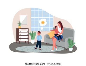 Mother With Fighting Children 2D Vector Web Banner, Poster. Child Telling On Brother. Upset Kids With Mom Flat Characters On Cartoon Background. Family Conflict Printable Patch, Colorful Web Element