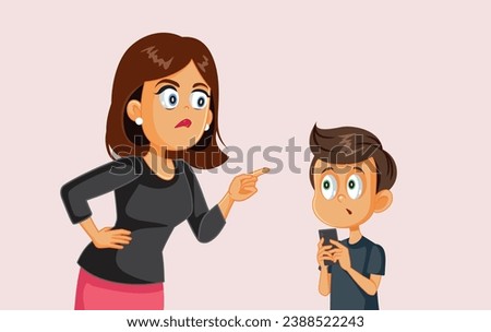 
Mother Fighting with her Son over Screen Time Vector Cartoon Illustration. Mom feeling upset because of her little boy overusing phone 
