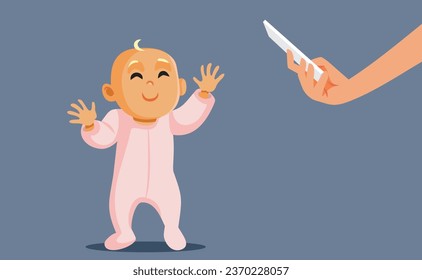 
Mother Filming her Baby Taking his First Steps Vector Cartoon Illustration. Child walking for the first time being recorded with smartphone
