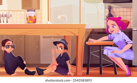 Madre encuentra niños escondidos en la cocina. Ilustración de dibujos animados de Vector de adolescente y niño en trajes de espía negros sentados debajo de la mesa, mujer sonriendo a los hermanos adolescentes que se divierten en casa, luz del sol en la ventana