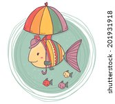 Mother fish with her kids under umbrella. Cute vector illustration