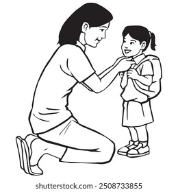 A mother fixing the child collar. Illustration in black and white and vector format.
