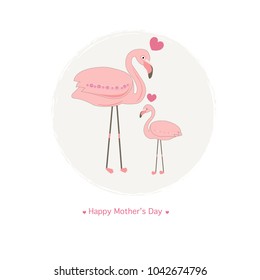 Mother flamingo and baby flamingo.Mother's day greeting card