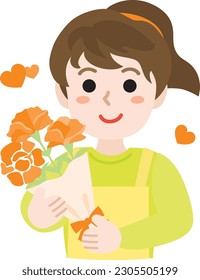 Mother with flowers and bouquet of orange carnation for Mother's Day.  Vector illustration.