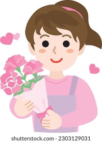 Mother with flowers and bouquet of pink carnation for Mother's Day.  Vector illustration.