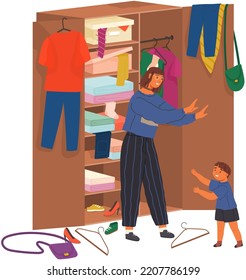 Mother Forbids Child To Take Their Things From Wardrobe. Cleaning Closet Concept. Kid Violates Personal Space, Boundaries Of Mom. Woman Takes Apart Wardrobe. Relationship Between Adults And Children