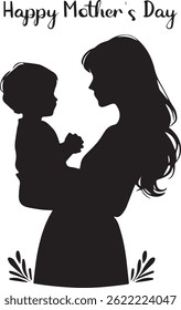 A mother forgets all her sorrows by placing her head against the nose and forehead of her newborn child silhouette vector illustration