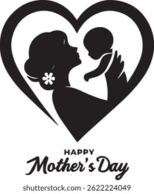 A mother forgets all her sorrows by placing her head against the nose and forehead of her newborn child silhouette vector illustration