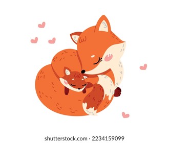 Mother fox with baby. Charming family, love and care, tenderness. Sticker for social media and instant messengers. Forest dwellers, animals and fauna, wild life. Cartoon flat vector illustration