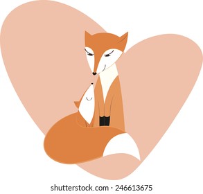 Mother fox and baby on background of heart