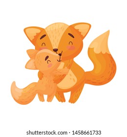Mother fox with baby. Vector illustration on white background.