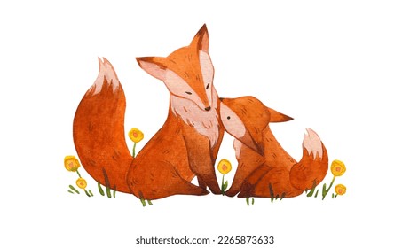 Un zorro y un cachorro madre están sentados entre las flores. Zorros pintados con acuarelas. Animados animales del bosque. Animales de dibujos animados de ilustraciones vectoriales aislados en blanco.