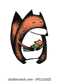 Mother fox holds a sleeping baby fox. Cute hand drawn vector illustration isolated on the white background.