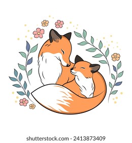 Mother fox hugging a baby fox with her tail. Mother day card. Cute vector drawing with animal characters.