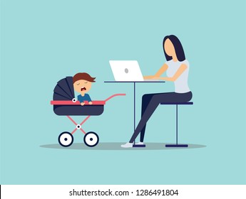 Mother freelancer, parents working with children, work at home, relationships in the family, care, education